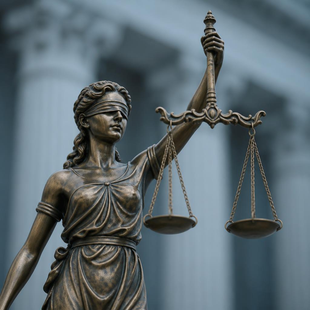 Bronze statue of Lady Justice holding balanced scales